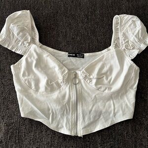 white cropped zip up blouse